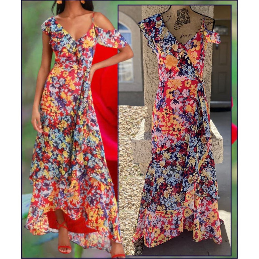 Lulus Chiffon Floral Print Radiant Ruby Maxi Dress Size S